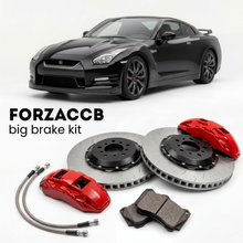 Black Nissan GT-R CBA (2010-2011) shown above a ForzaCCB iron rotor big brake kit with 2x red 6-piston front calipers, 2x two-piece floating ventilated brake discs 380 mm, set of brake pads, and brake lines.