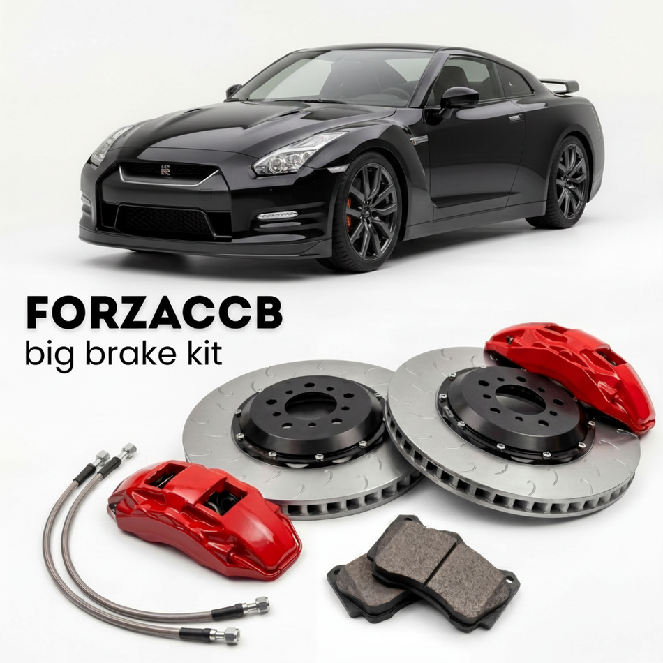 Black Nissan GT-R CBA (2010-2011) shown above a ForzaCCB iron rotor big brake kit with 2x red 6-piston front calipers, 2x two-piece floating ventilated brake discs 380 mm, set of brake pads, and brake lines.