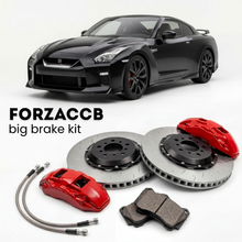 Black Nissan GT-R DBA (2020-2025) shown above a ForzaCCB iron rotor big brake kit with 2x red 6-piston front calipers, 2x two-piece floating ventilated brake discs 380 mm, set of brake pads, and brake lines.