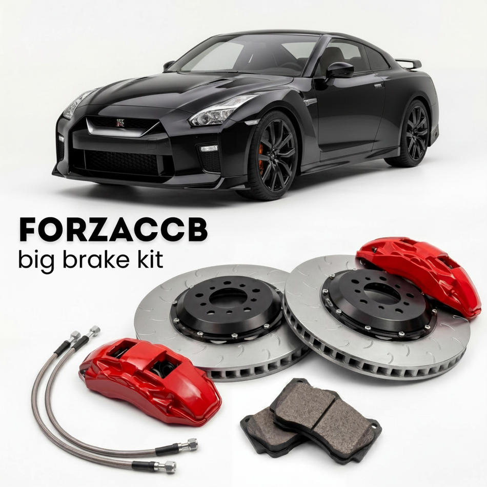 Black Nissan GT-R DBA (2020-2025) shown above a ForzaCCB iron rotor big brake kit with 2x red 6-piston front calipers, 2x two-piece floating ventilated brake discs 380 mm, set of brake pads, and brake lines.