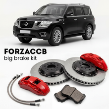 Black Nissan Patrol Y62 (2010-2024) shown above a ForzaCCB iron rotor big brake kit with 2x red 6-piston front calipers, 2x two-piece floating ventilated brake discs 380 mm, set of brake pads, and brake lines.
