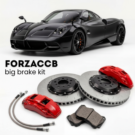Black Pagani Huayra (2011-2018) shown above a ForzaCCB iron rotor big brake kit with 2x red 6-piston front calipers, 2x two-piece floating ventilated brake discs 380 mm, set of brake pads, and brake lines.
