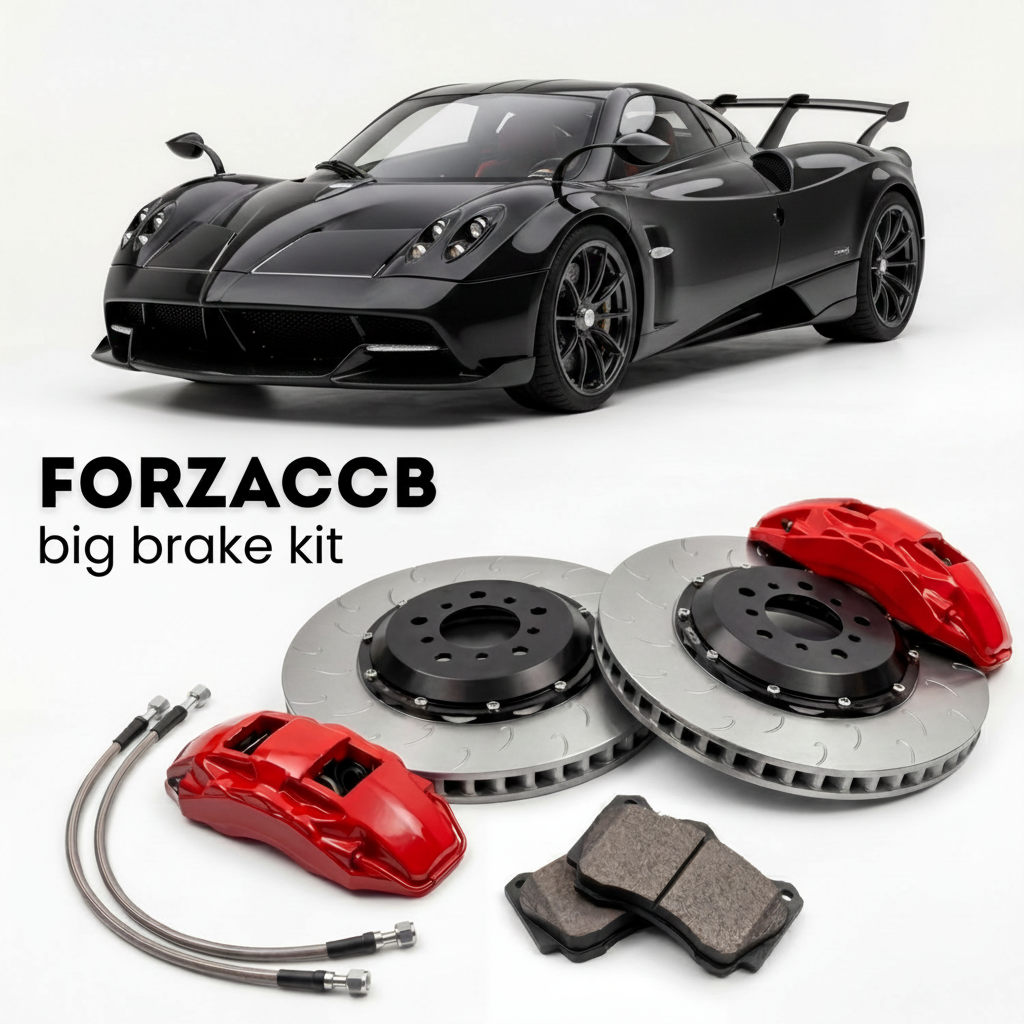 Black Pagani Huayra BC (2016-2019) shown above a ForzaCCB iron rotor big brake kit with 2x red 6-piston front calipers, 2x two-piece floating ventilated brake discs 380 mm, set of brake pads, and brake lines.