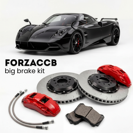 Black Pagani Huayra Codalunga (2022-2022) shown above a ForzaCCB iron rotor big brake kit with 2x red 6-piston front calipers, 2x two-piece floating ventilated brake discs 380 mm, set of brake pads, and brake lines.