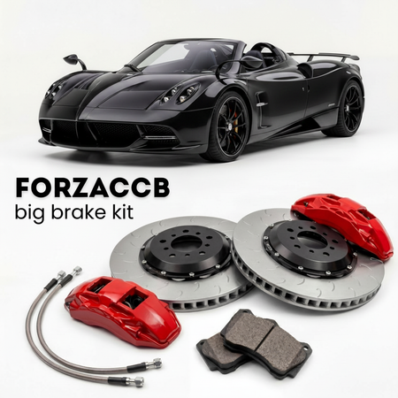 Black Pagani Huayra Codalunga Speedster (2025+) shown above a ForzaCCB iron rotor big brake kit with 2x red 6-piston front calipers, 2x two-piece floating ventilated brake discs 380 mm, set of brake pads, and brake lines.