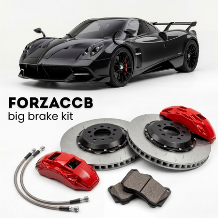 Black Pagani Huayra Imola (2019-2021) shown above a ForzaCCB iron rotor big brake kit with 2x red 6-piston front calipers, 2x two-piece floating ventilated brake discs 380 mm, set of brake pads, and brake lines.