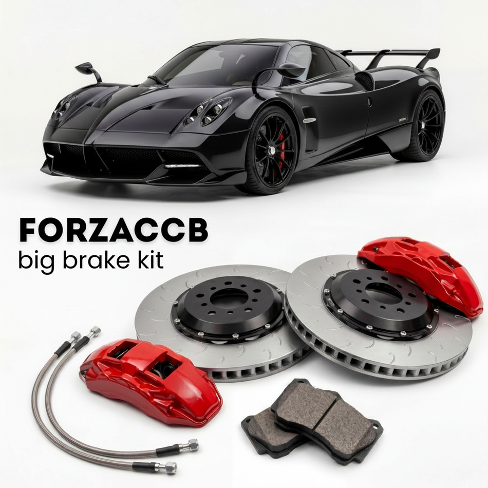 Black Pagani Huayra Imola (2019-2021) shown above a ForzaCCB iron rotor big brake kit with 2x red 6-piston front calipers, 2x two-piece floating ventilated brake discs 380 mm, set of brake pads, and brake lines.