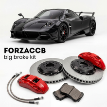 Black Pagani Huayra R (2021-2021) shown above a ForzaCCB iron rotor big brake kit with 2x red 6-piston front calipers, 2x two-piece floating ventilated brake discs 380 mm, set of brake pads, and brake lines.