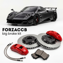 Black Pagani Huayra R Evo (2024+) shown above a ForzaCCB iron rotor big brake kit with 2x red 6-piston front calipers, 2x two-piece floating ventilated brake discs 380 mm, set of brake pads, and brake lines.