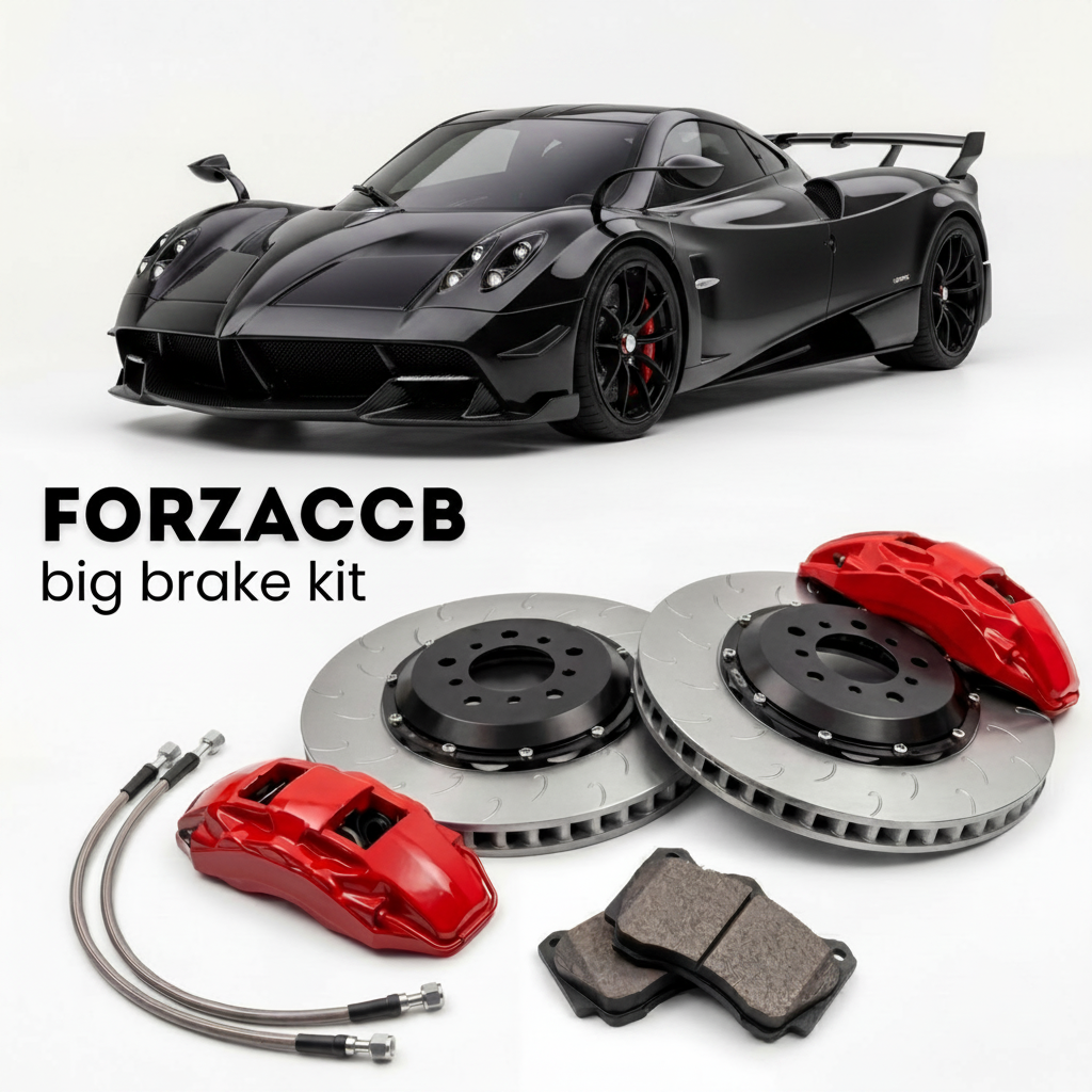 Black Pagani Huayra R Evo (2024+) shown above a ForzaCCB iron rotor big brake kit with 2x red 6-piston front calipers, 2x two-piece floating ventilated brake discs 380 mm, set of brake pads, and brake lines.
