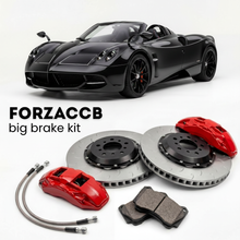 Black Pagani Huayra Roadster (2017-2019) shown above a ForzaCCB iron rotor big brake kit with 2x red 6-piston front calipers, 2x two-piece floating ventilated brake discs 380 mm, set of brake pads, and brake lines.