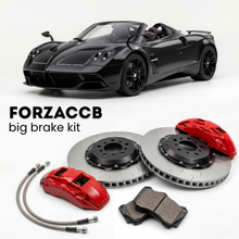 Black Pagani Utopia Roadster (2024+) shown above a ForzaCCB iron rotor big brake kit with 2x red 6-piston front calipers, 2x two-piece floating ventilated brake discs 380 mm, set of brake pads, and brake lines.