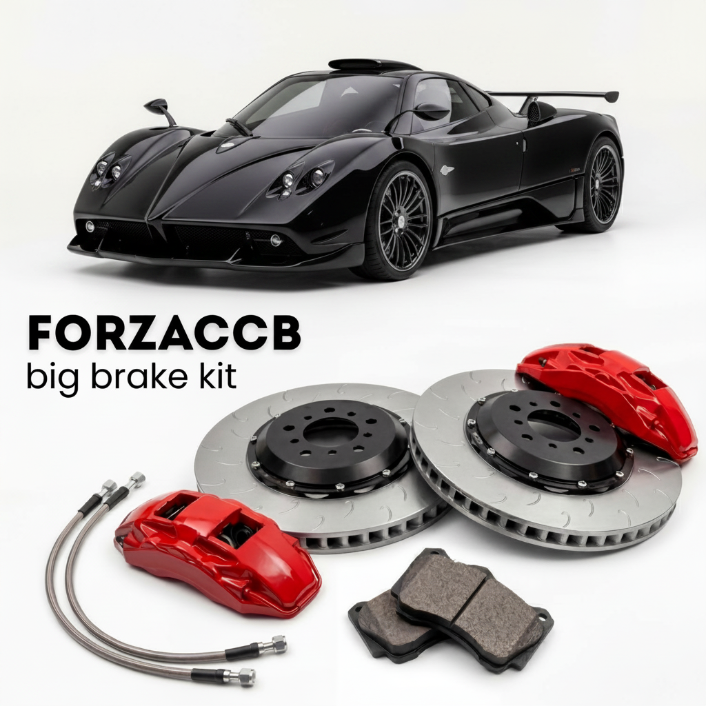 Black Pagani Zonda Cinque (2008-2010) shown above a ForzaCCB iron rotor big brake kit with 2x red 6-piston front calipers, 2x two-piece floating ventilated brake discs 380 mm, set of brake pads, and brake lines.