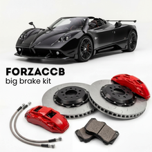 Black Pagani Zonda Cinque Roadster (2008-2009) shown above a ForzaCCB iron rotor big brake kit with 2x red 6-piston front calipers, 2x two-piece floating ventilated brake discs 380 mm, set of brake pads, and brake lines.