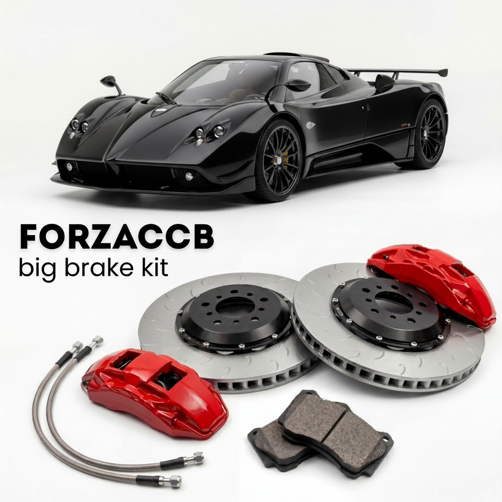 Black Pagani Zonda F (2005-2007) shown above a ForzaCCB iron rotor big brake kit with 2x red 6-piston front calipers, 2x two-piece floating ventilated brake discs 380 mm, set of brake pads, and brake lines.