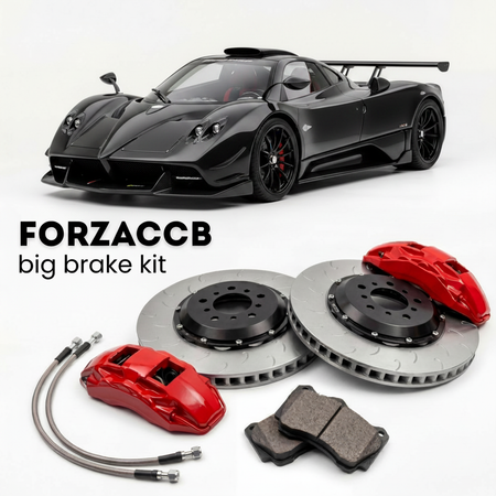Black Pagani Zonda R (2009-2013) shown above a ForzaCCB iron rotor big brake kit with 2x red 6-piston front calipers, 2x two-piece floating ventilated brake discs 380 mm, set of brake pads, and brake lines.