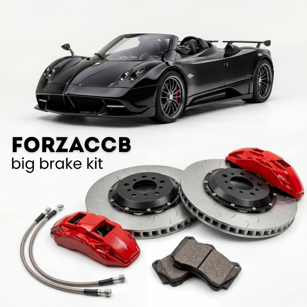 Black Pagani Zonda Roadster F (2006-2007) shown above a ForzaCCB iron rotor big brake kit with 2x red 6-piston front calipers, 2x two-piece floating ventilated brake discs 380 mm, set of brake pads, and brake lines.