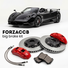 Black Pagani Zonda Roadster F (2006-2007) shown above a ForzaCCB iron rotor big brake kit with 2x red 6-piston front calipers, 2x two-piece floating ventilated brake discs 380 mm, set of brake pads, and brake lines.