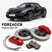 Black Porsche 718 Boxster (2017+) shown above a ForzaCCB iron rotor big brake kit with 2x red 6-piston front calipers, 2x two-piece floating ventilated brake discs 380 mm, set of brake pads, and brake lines.