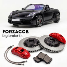 Black Porsche 718 Boxster S (2017+) shown above a ForzaCCB iron rotor big brake kit with 2x red 6-piston front calipers, 2x two-piece floating ventilated brake discs 380 mm, set of brake pads, and brake lines.
