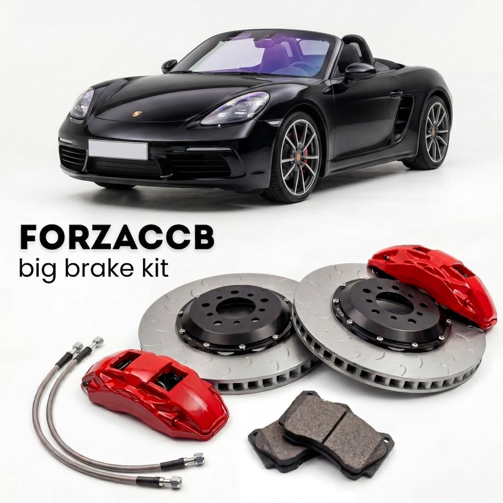 Black Porsche 718 Boxster S (2017+) shown above a ForzaCCB iron rotor big brake kit with 2x red 6-piston front calipers, 2x two-piece floating ventilated brake discs 380 mm, set of brake pads, and brake lines.