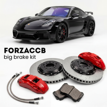 Black Porsche 718 GT4 RS 982 (2022+) shown above a ForzaCCB iron rotor big brake kit with 2x red 6-piston front calipers, 2x two-piece floating ventilated brake discs 380 mm, set of brake pads, and brake lines.