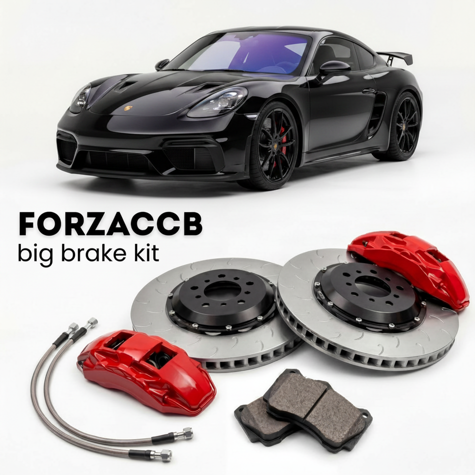 Black Porsche 718 GT4 RS 982 (2022+) shown above a ForzaCCB iron rotor big brake kit with 2x red 6-piston front calipers, 2x two-piece floating ventilated brake discs 380 mm, set of brake pads, and brake lines.