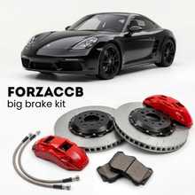 Black Porsche 718 GTS 4.0 982 (2020+) shown above a ForzaCCB iron rotor big brake kit with 2x red 6-piston front calipers, 2x two-piece floating ventilated brake discs 380 mm, set of brake pads, and brake lines.