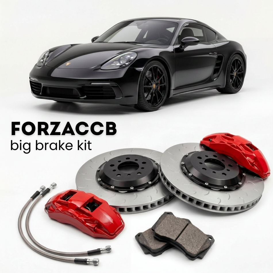 Black Porsche 718 GTS 4.0 982 (2020+) shown above a ForzaCCB iron rotor big brake kit with 2x red 6-piston front calipers, 2x two-piece floating ventilated brake discs 380 mm, set of brake pads, and brake lines.