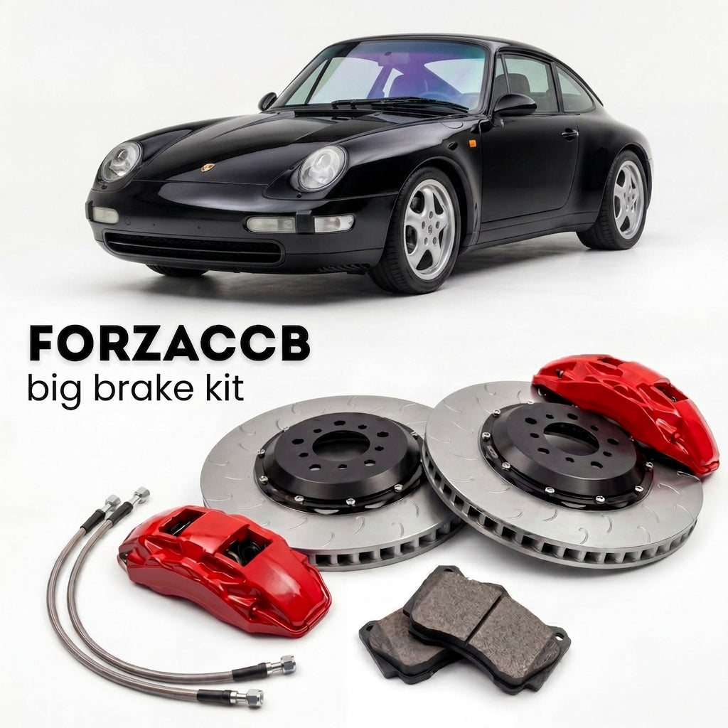 Black Porsche 911 Carrera (1994-1998) shown above a ForzaCCB iron rotor big brake kit with 2x red 6-piston front calipers, 2x two-piece floating ventilated brake discs 380 mm, set of brake pads, and brake lines.