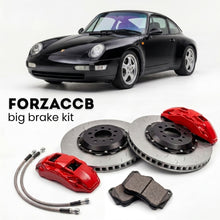 Black Porsche 911 Carrera (1994-1998) shown above a ForzaCCB iron rotor big brake kit with 2x red 6-piston front calipers, 2x two-piece floating ventilated brake discs 380 mm, set of brake pads, and brake lines.