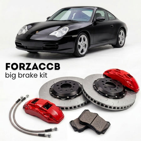 Black Porsche 911 Carrera (1999-2004) shown above a ForzaCCB iron rotor big brake kit with 2x red 6-piston front calipers, 2x two-piece floating ventilated brake discs 380 mm, set of brake pads, and brake lines.