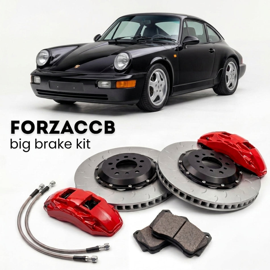 Black Porsche 911 Carrera 2 (1989-1994) shown above a ForzaCCB iron rotor big brake kit with 2x red 6-piston front calipers, 2x two-piece floating ventilated brake discs 380 mm, set of brake pads, and brake lines.