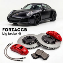 Black Porsche 911 Carrera (2017-2019) shown above a ForzaCCB iron rotor big brake kit with 2x red 6-piston front calipers, 2x two-piece floating ventilated brake discs 380 mm, set of brake pads, and brake lines.