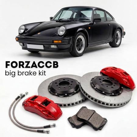 Black Porsche 911 Carrera 3.2 (1984-1989) shown above a ForzaCCB iron rotor big brake kit with 2x red 6-piston front calipers, 2x two-piece floating ventilated brake discs 380 mm, set of brake pads, and brake lines.