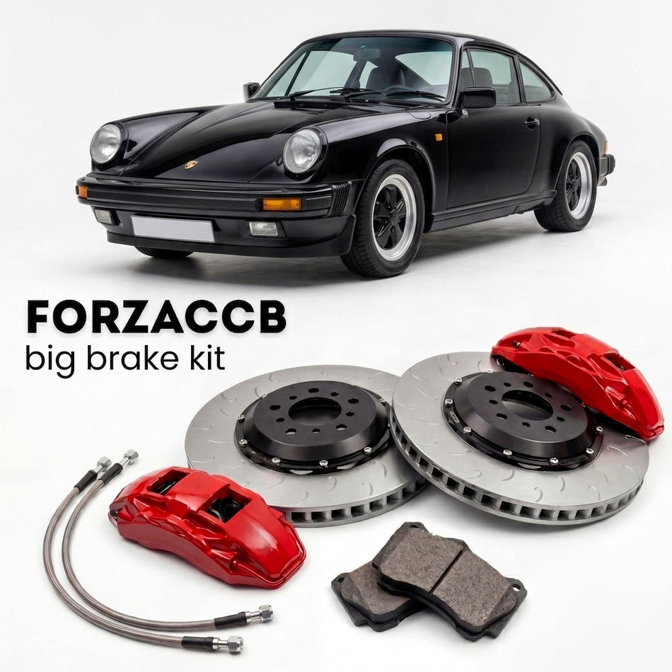 Black Porsche 911 Carrera 3.2 (1984-1989) shown above a ForzaCCB iron rotor big brake kit with 2x red 6-piston front calipers, 2x two-piece floating ventilated brake discs 380 mm, set of brake pads, and brake lines.