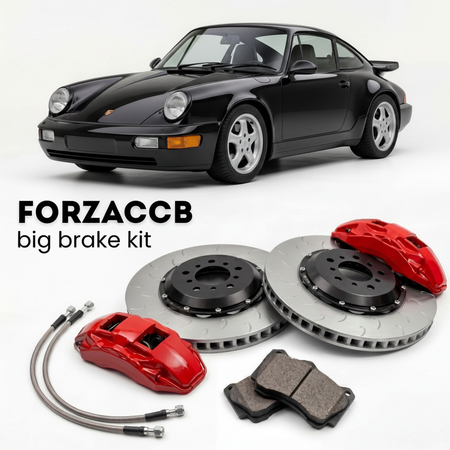 Black Porsche 911 Carrera 4 964 (1989-1994) shown above a ForzaCCB iron rotor big brake kit with 2x red 6-piston front calipers, 2x two-piece floating ventilated brake discs 380 mm, set of brake pads, and brake lines.