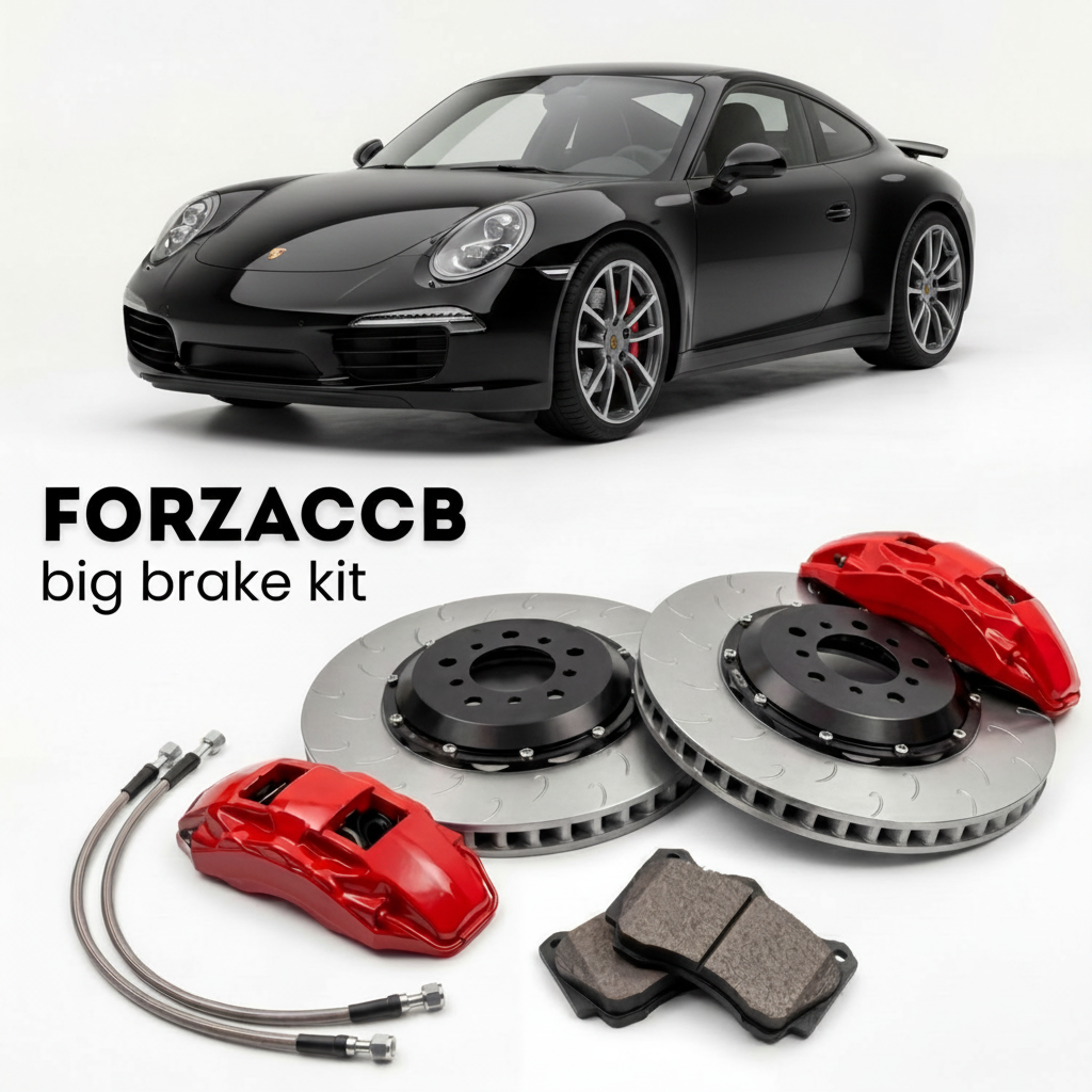 Black Porsche 911 Carrera 4 991.1 (2012-2016) shown above a ForzaCCB iron rotor big brake kit with 2x red 6-piston front calipers, 2x two-piece floating ventilated brake discs 380 mm, set of brake pads, and brake lines.