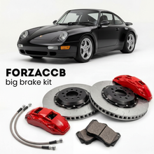Black Porsche 911 Carrera 4 993 (1994-1998) shown above a ForzaCCB iron rotor big brake kit with 2x red 6-piston front calipers, 2x two-piece floating ventilated brake discs 380 mm, set of brake pads, and brake lines.
