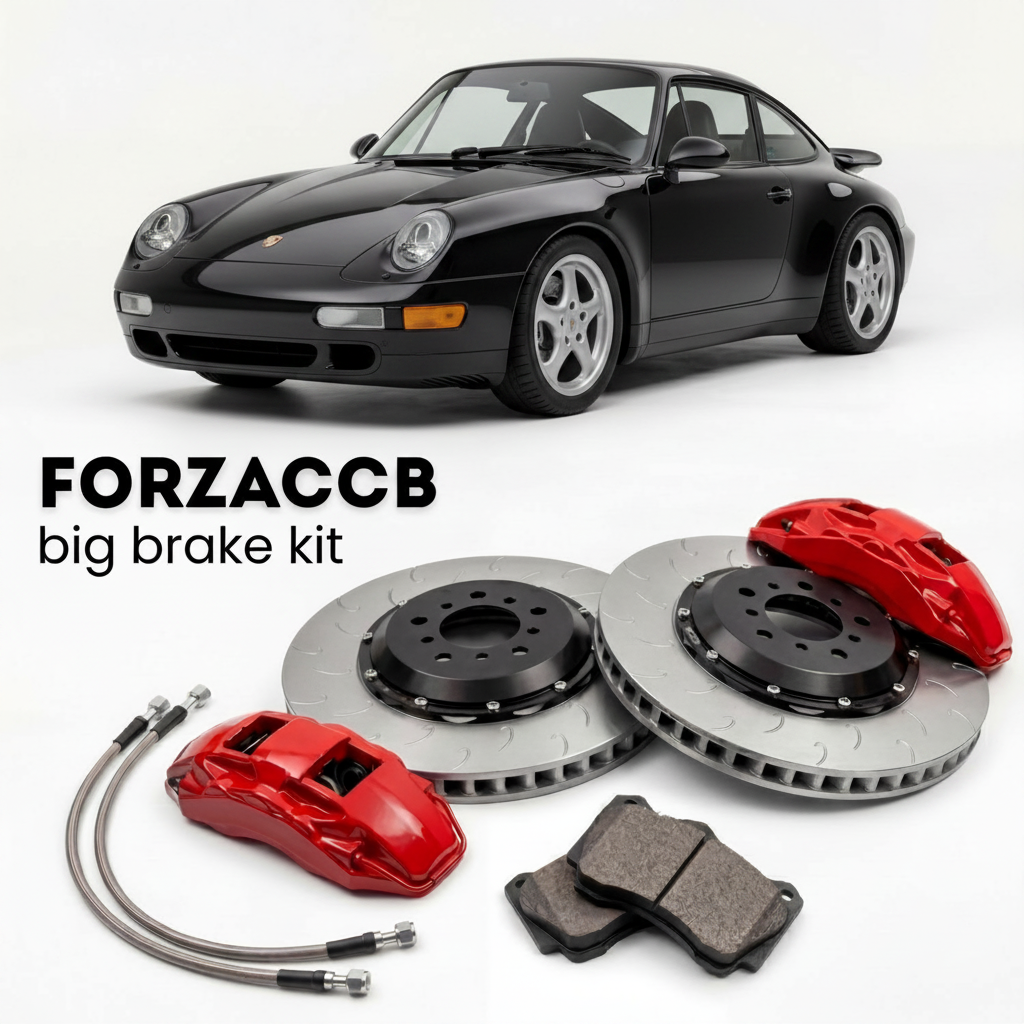 Black Porsche 911 Carrera 4 993 (1994-1998) shown above a ForzaCCB iron rotor big brake kit with 2x red 6-piston front calipers, 2x two-piece floating ventilated brake discs 380 mm, set of brake pads, and brake lines.