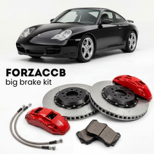 Black Porsche 911 Carrera 4 996 (1999-2004) shown above a ForzaCCB iron rotor big brake kit with 2x red 6-piston front calipers, 2x two-piece floating ventilated brake discs 380 mm, set of brake pads, and brake lines.