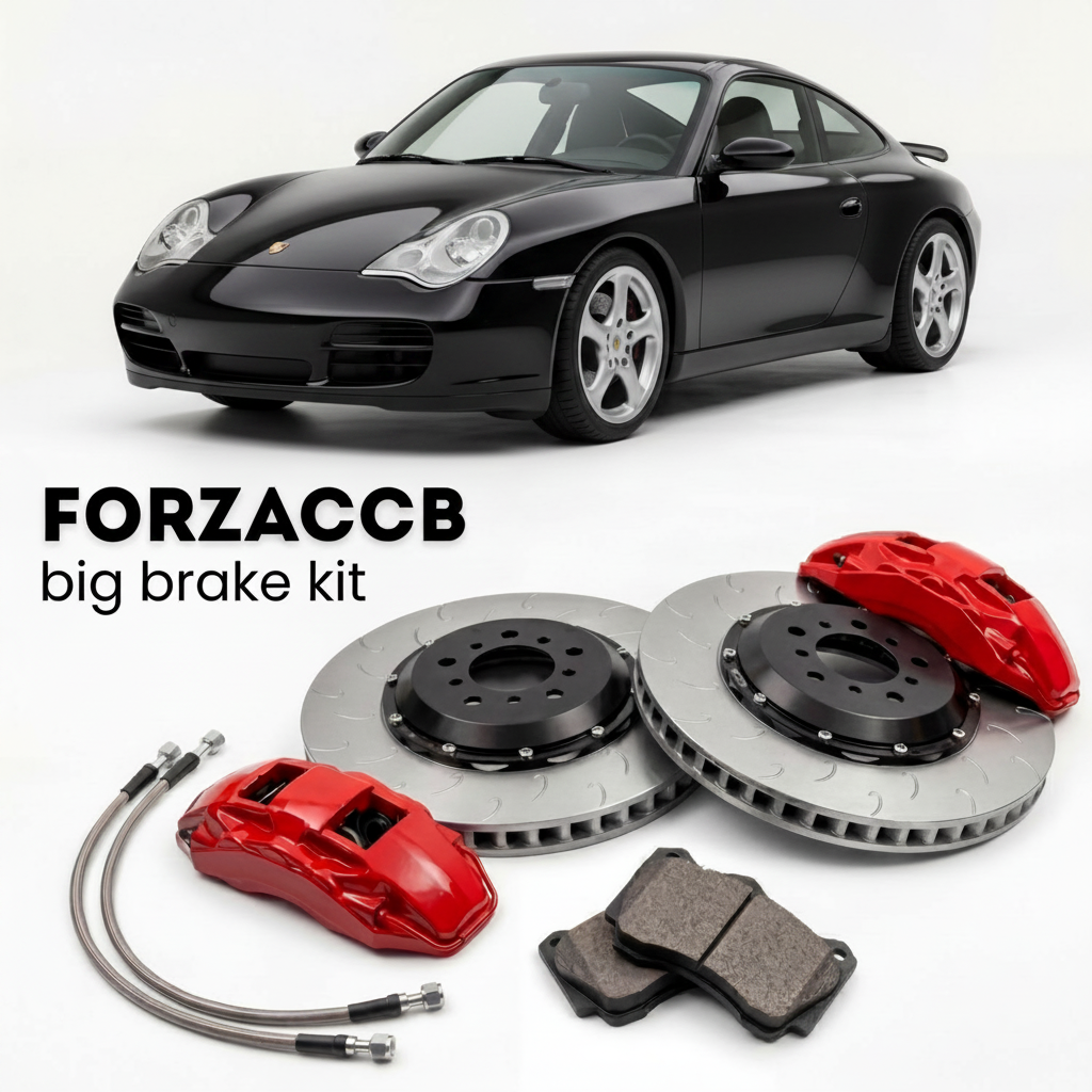 Black Porsche 911 Carrera 4 996 (1999-2004) shown above a ForzaCCB iron rotor big brake kit with 2x red 6-piston front calipers, 2x two-piece floating ventilated brake discs 380 mm, set of brake pads, and brake lines.