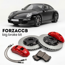 Black Porsche 911 Carrera 4 997.2 (2009-2012) shown above a ForzaCCB iron rotor big brake kit with 2x red 6-piston front calipers, 2x two-piece floating ventilated brake discs 380 mm, set of brake pads, and brake lines.
