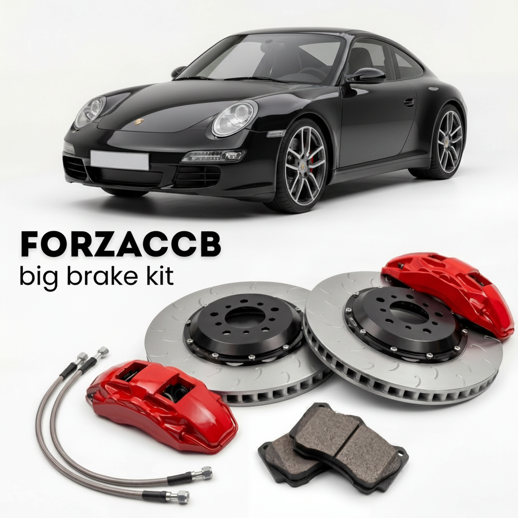 Black Porsche 911 Carrera 4 997.2 (2009-2012) shown above a ForzaCCB iron rotor big brake kit with 2x red 6-piston front calipers, 2x two-piece floating ventilated brake discs 380 mm, set of brake pads, and brake lines.