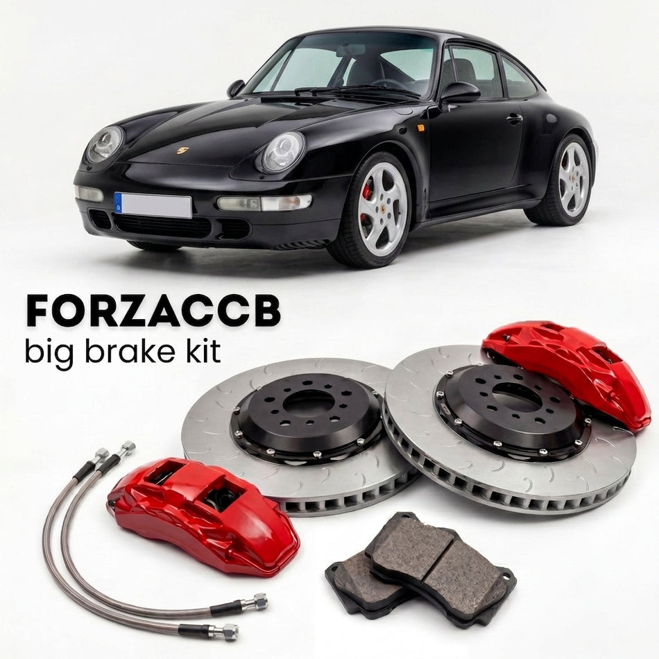 Black Porsche 911 Carrera 4S (1995-1998) shown above a ForzaCCB iron rotor big brake kit with 2x red 6-piston front calipers, 2x two-piece floating ventilated brake discs 380 mm, set of brake pads, and brake lines.