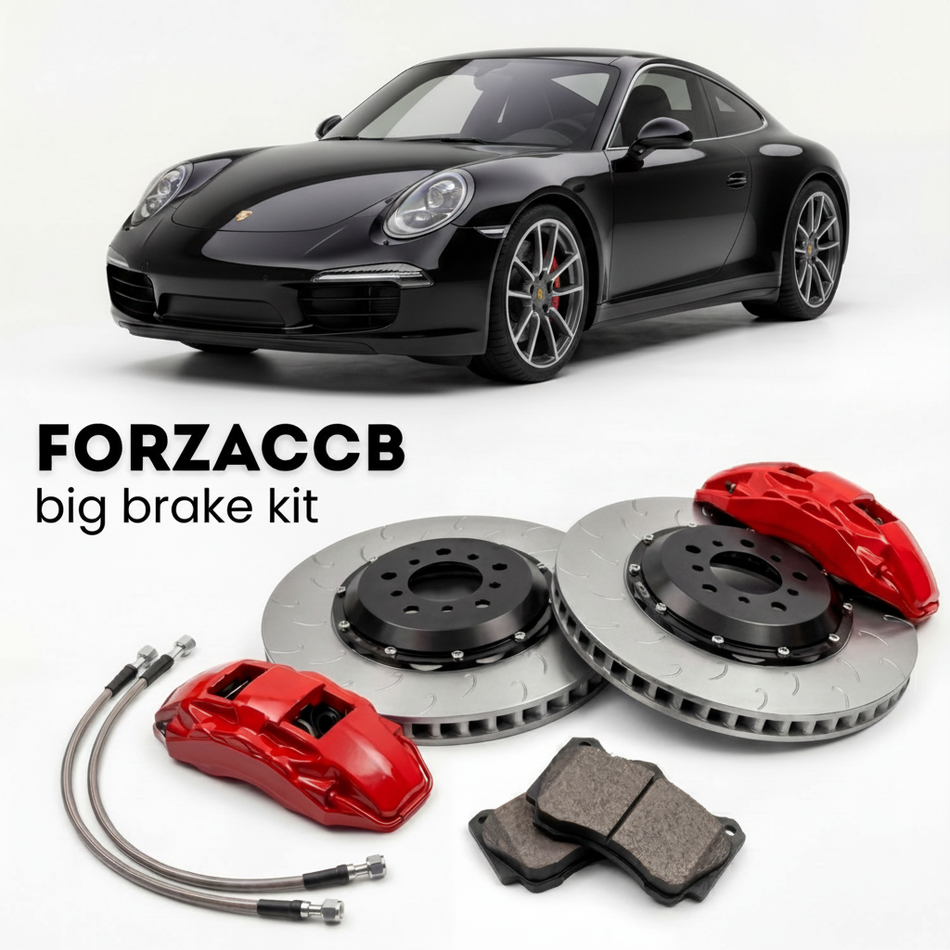 Black Porsche 911 Carrera 4S 991.1 (2012-2016) shown above a ForzaCCB iron rotor big brake kit with 2x red 6-piston front calipers, 2x two-piece floating ventilated brake discs 380 mm, set of brake pads, and brake lines.