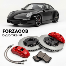 Black Porsche 911 Carrera 4S 997.2 (2009-2012) shown above a ForzaCCB iron rotor big brake kit with 2x red 6-piston front calipers, 2x two-piece floating ventilated brake discs 380 mm, set of brake pads, and brake lines.