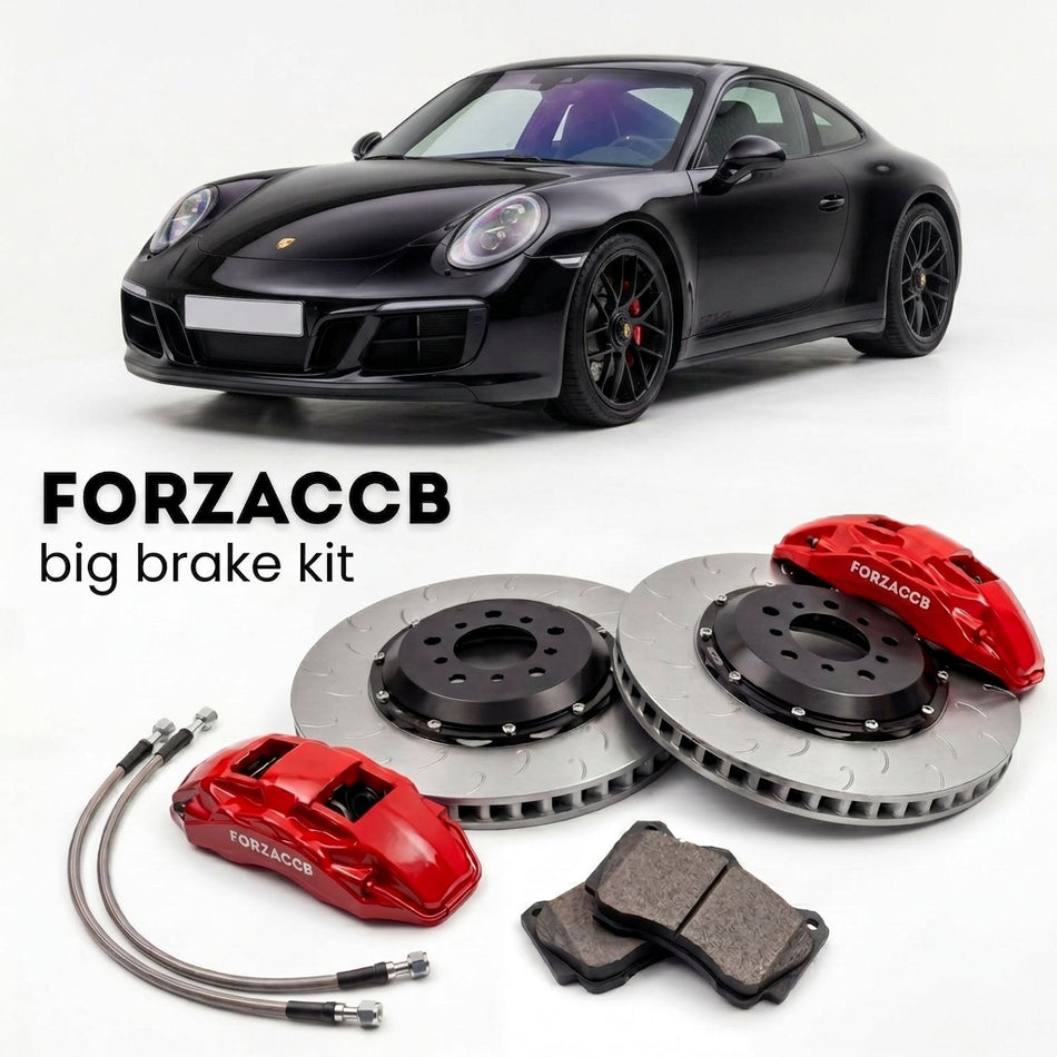 Black Porsche 911 Carrera GTS 991.2 (2017-2019) shown above a ForzaCCB iron rotor big brake kit with 2x red 6-piston front calipers, 2x two-piece floating ventilated brake discs 380 mm, set of brake pads, and brake lines.