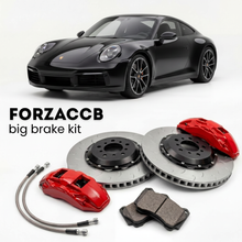 Black Porsche 911 Carrera GTS 992 (2020+) shown above a ForzaCCB iron rotor big brake kit with 2x red 6-piston front calipers, 2x two-piece floating ventilated brake discs 380 mm, set of brake pads, and brake lines.