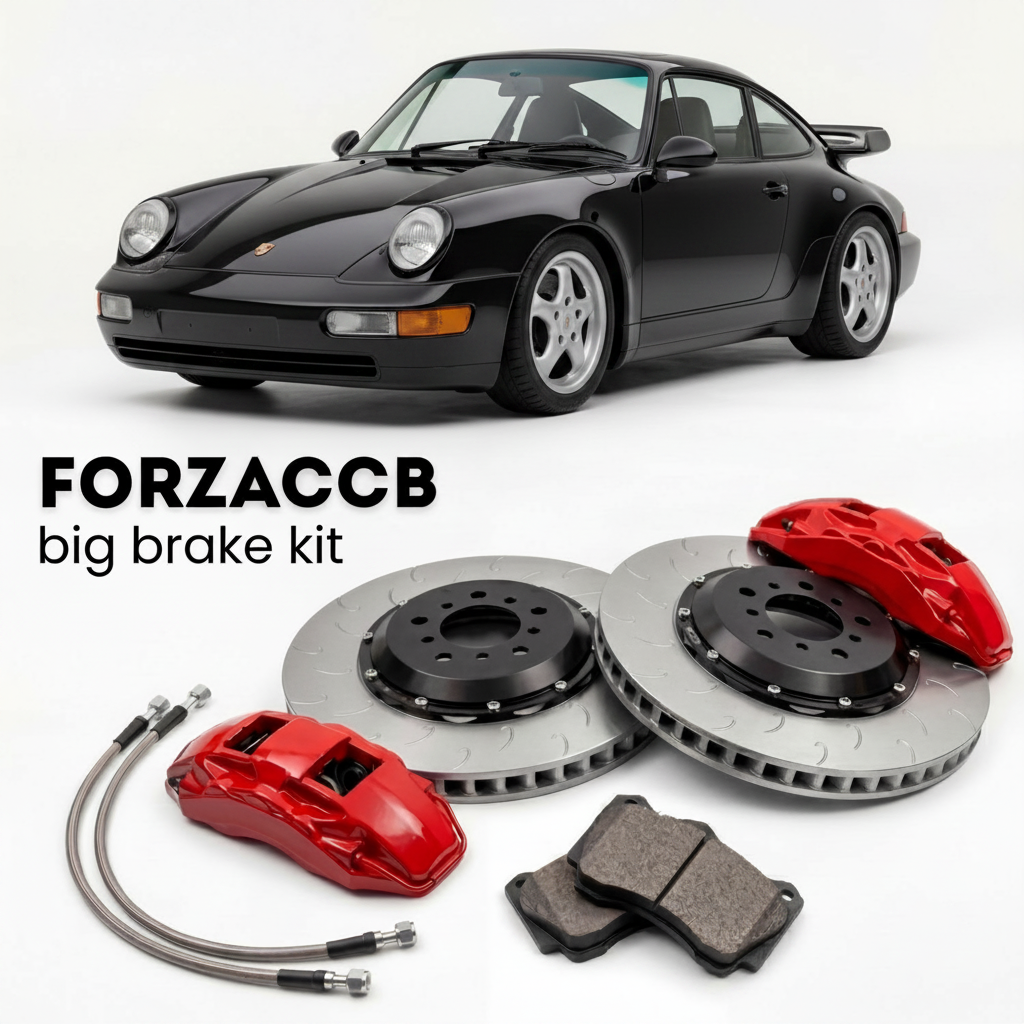 Black Porsche 911 Carrera RS 964 (1992) shown above a ForzaCCB iron rotor big brake kit with 2x red 6-piston front calipers, 2x two-piece floating ventilated brake discs 380 mm, set of brake pads, and brake lines.